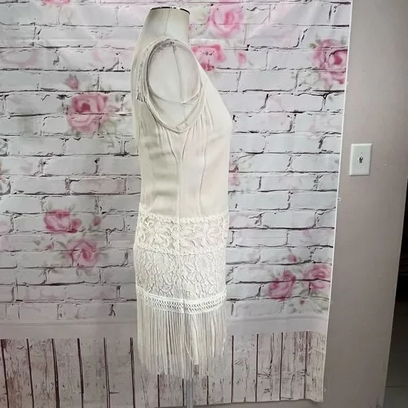 Ark & Co Women's Lace Fringe Cream Chiffon Sleeveless Mini Shift Dress Size S - Picture 8 of 14